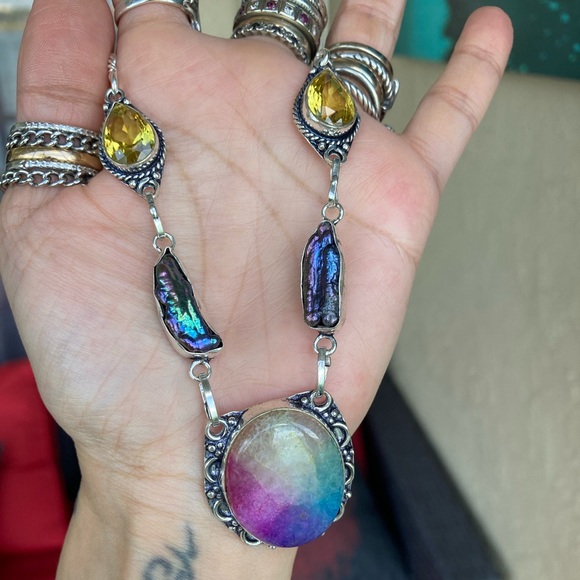 925 sterling silver overlay citrine black pearl Rainbow solar quartz necklace - Picture 13 of 15